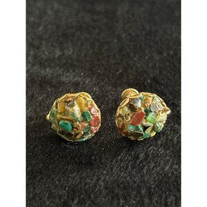 Vintage Multi-Stone Screw Back Earrings Gold-Tone Mid-Century Style Round Shape
